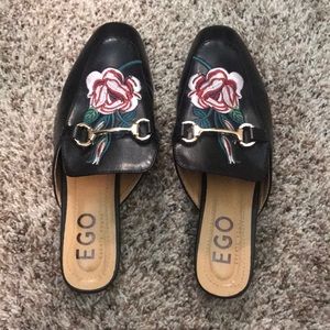 Embroidered Black Faux Leather Loafer Mules
